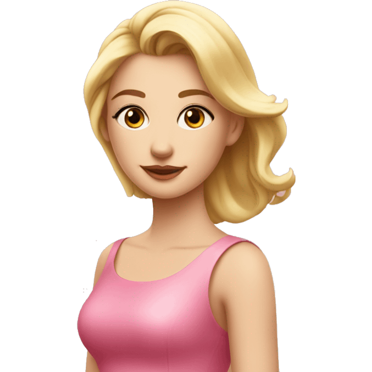 young blonde woman in a pink dress with DIA M written by Manuella Cosméticos emoji