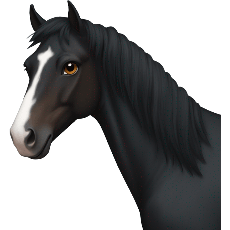 Realistic Black horse with a brown nose , short black mane, and a white mark on her forehead emoji