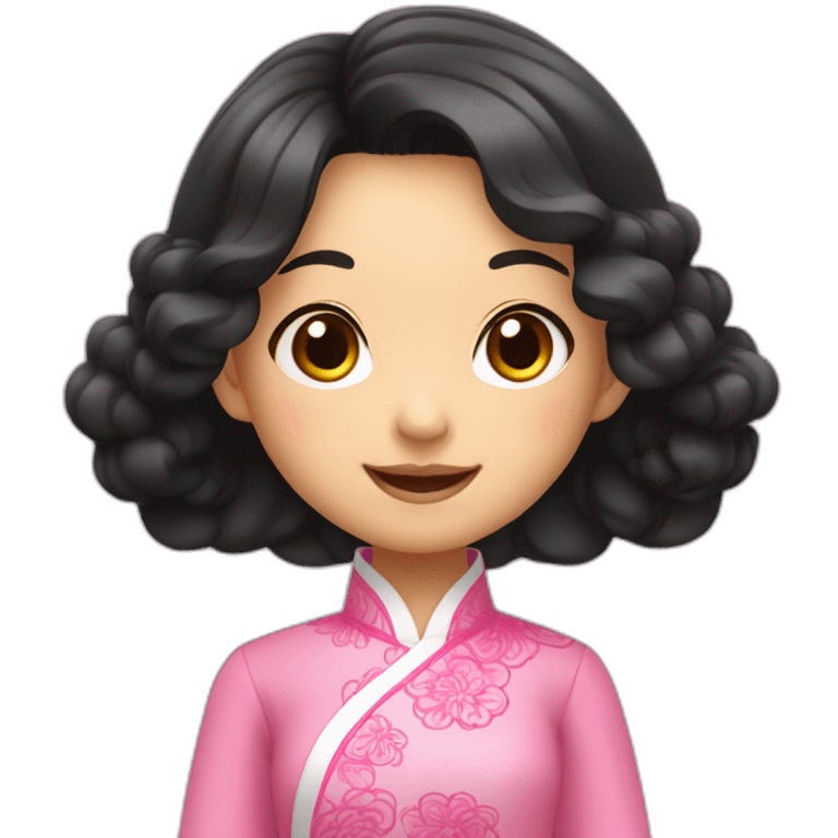 asian girl smiling, wavy black hair posing with pink ao dai full body side pose emoji