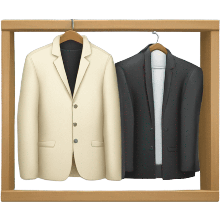 Design an emoji-style icon of an open wardrobe with clothes hanging inside. Include details like a wooden frame, hangers, and only black or white different clothing items such as shirts or any other clothing . Use a clean and minimalistic design. emoji