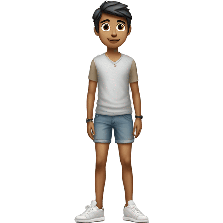 slender indian boy on shorts standing next to a mini cooper emoji