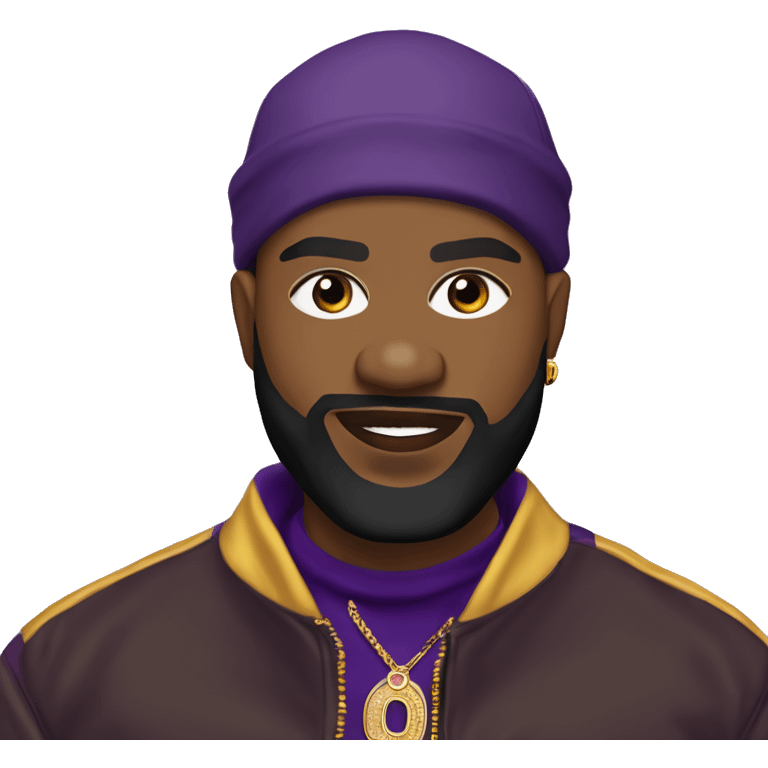 Omega psi phi man wearing a purple and gold letter man jacket a black durag in his head brown skinned black full beard close shave and attractive diamond nose ring on nose  emoji