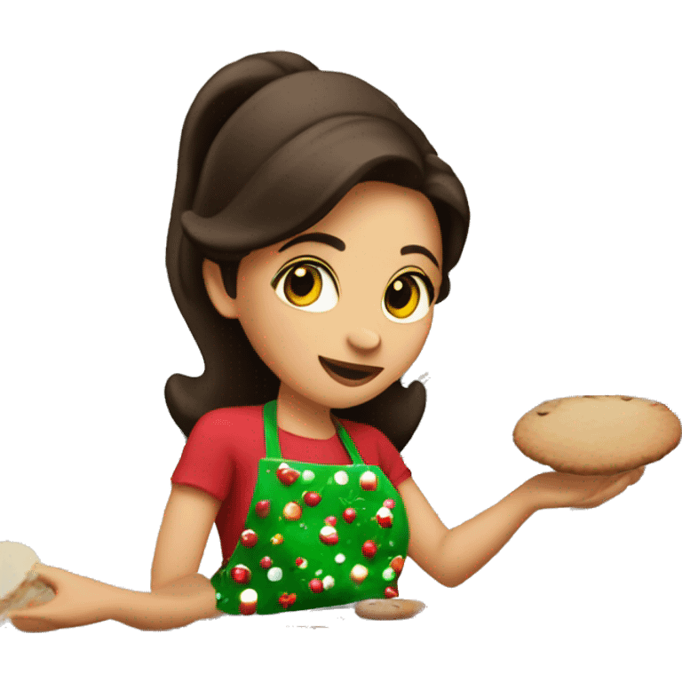 Brunette baking Christmas cookies in kitchen emoji