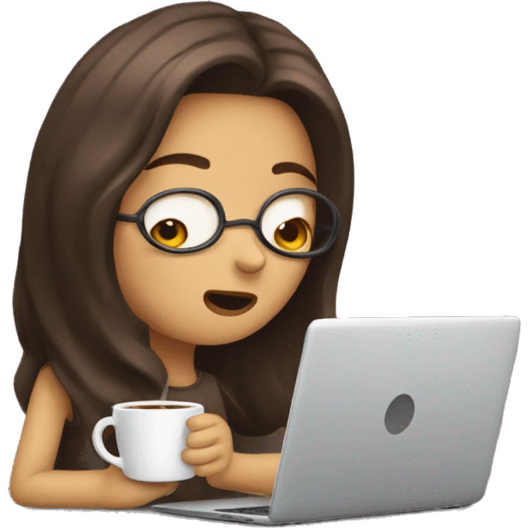 tired girl with laptop drinking a lot of coffee emoji