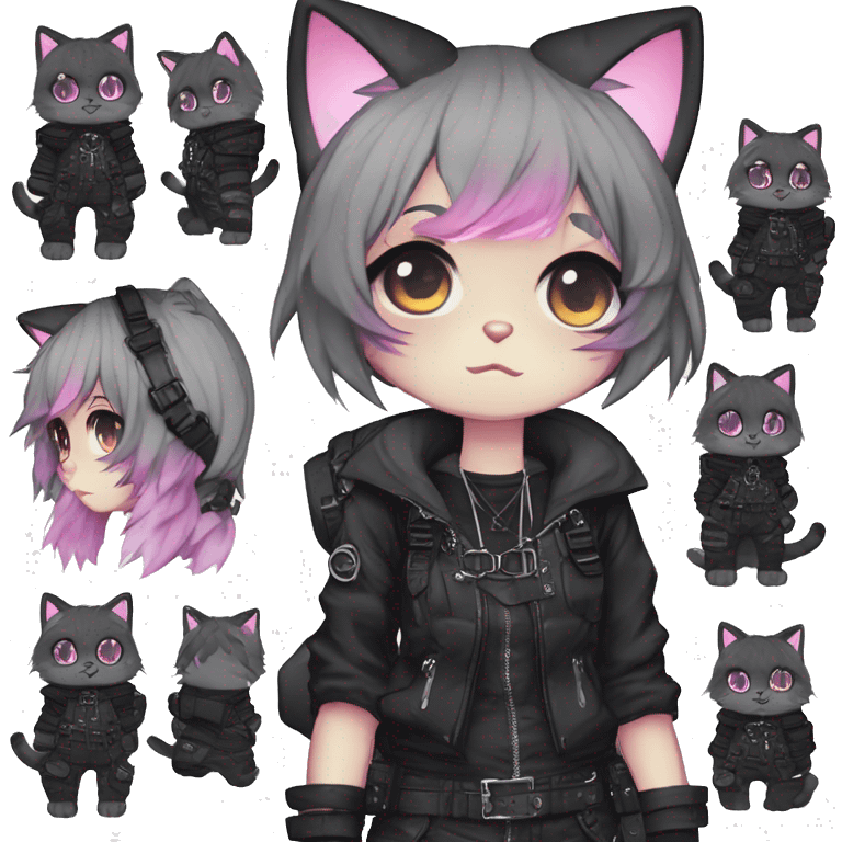 Gorgeous edgy epic punk gradient gothic dark techwear anime style anthro cat with blushing face aesthetic and pretty edgy black with collar and harness trending style emoji