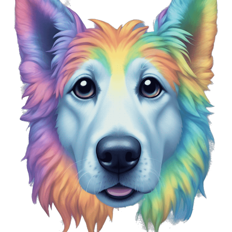 Multicolored rainbow retro groovy tie dye hippie trippy floral patterns on a metallic holographic iridescent blue dog face head unicorn emoji