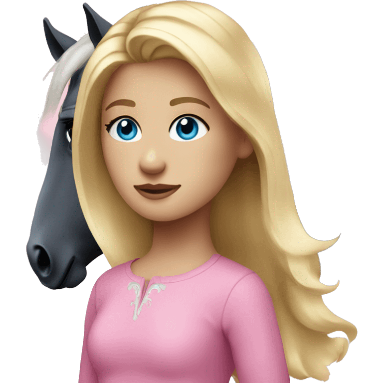 blonde girl with blue eyes wearing pink and her black horse emoji