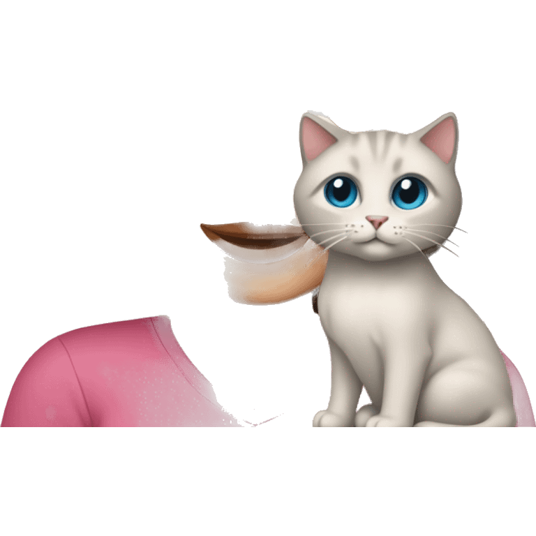 White woman with blue eyes and long dark hair wearing a pink shirt and holding a tabby cat emoji