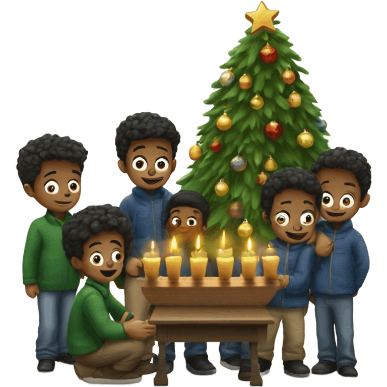 Six boys huddled round Christmas tree and menorah  emoji