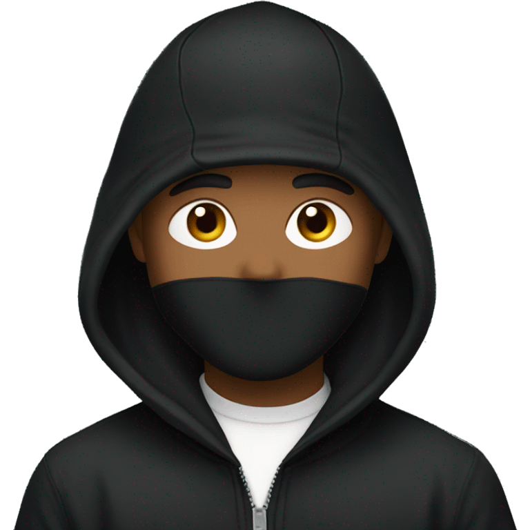  man wearing a black cap with a Nike logo, face covered black , and black hooded jacket emoji