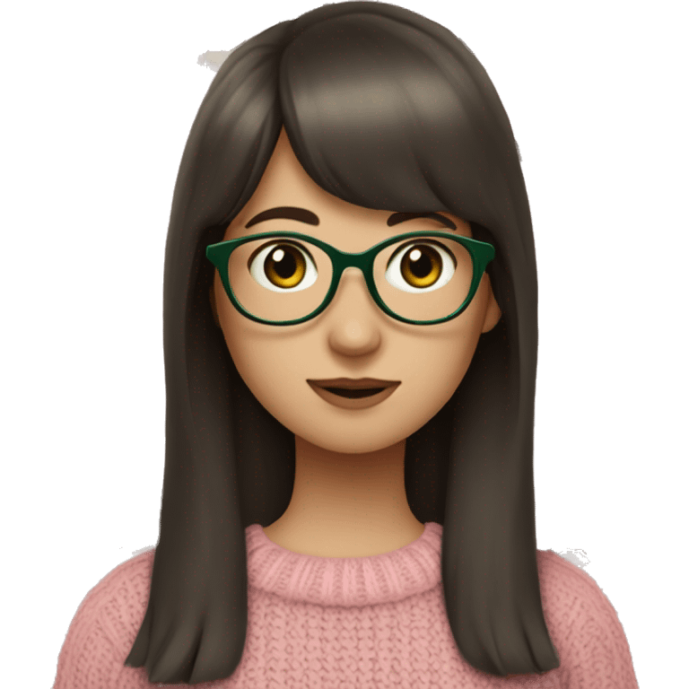 Girl with long dark brown hair and bangs and glasses pale skin pink sweater green eyes emoji