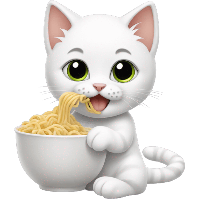 White kitten eating noodles emoji