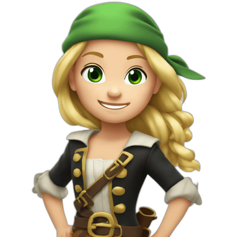 Female kid pirate, green eyed, blonde hair, dressed with pirate clothes, pixar style, 4k, smiling emoji