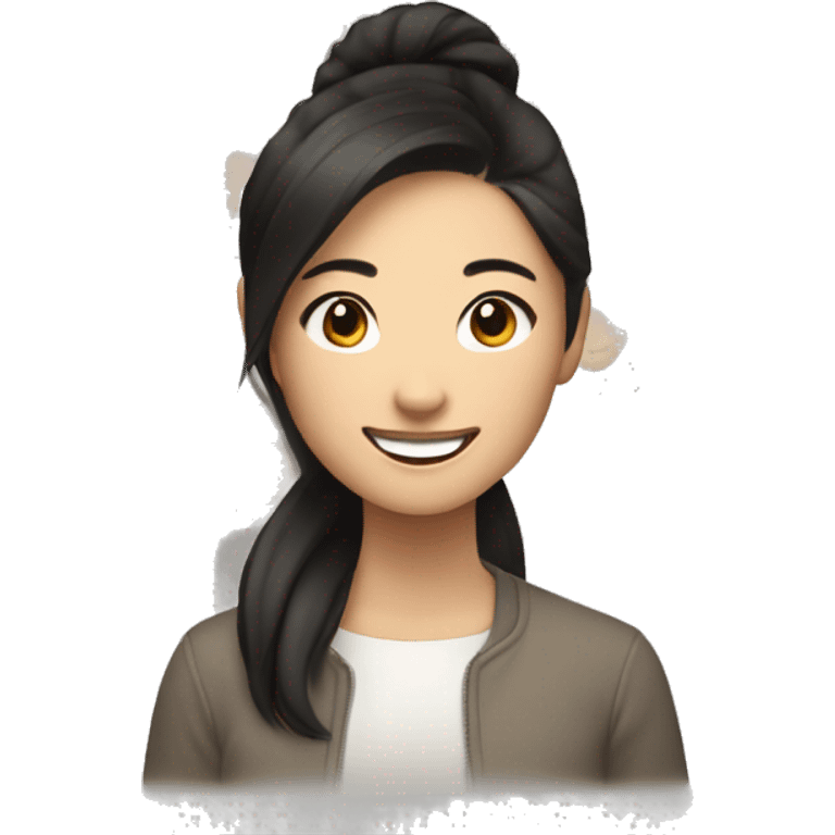 Young Asian woman with brown-black hair smiling demure emoji