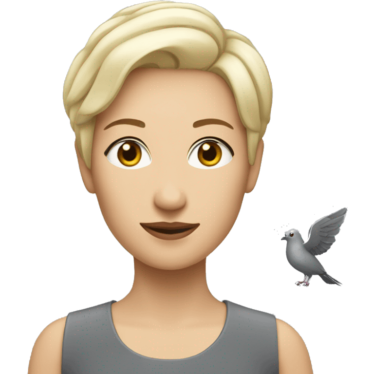 blonde woman with short hair with a gray pigeon on her shoulder emoji