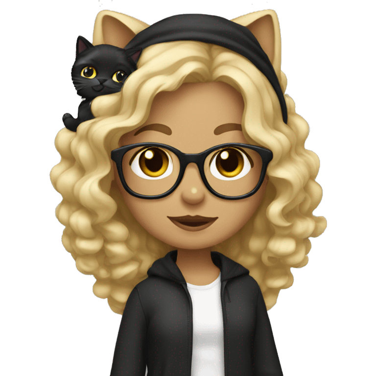 Girl medium blonde wavy hair glasses holding black cat emoji