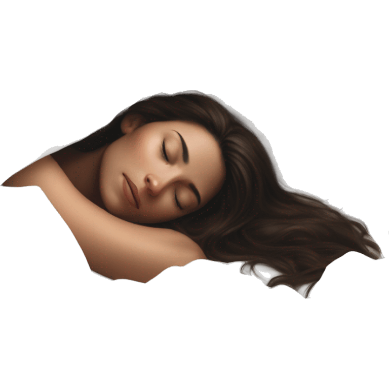 pretty brunette woman sleeping amongst white sheets realistic soft textures and ethereal glow emoji