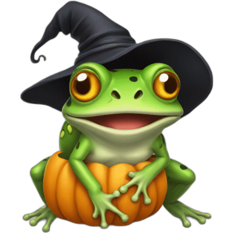 Witch frog with pumpkin and Skeleton emoji