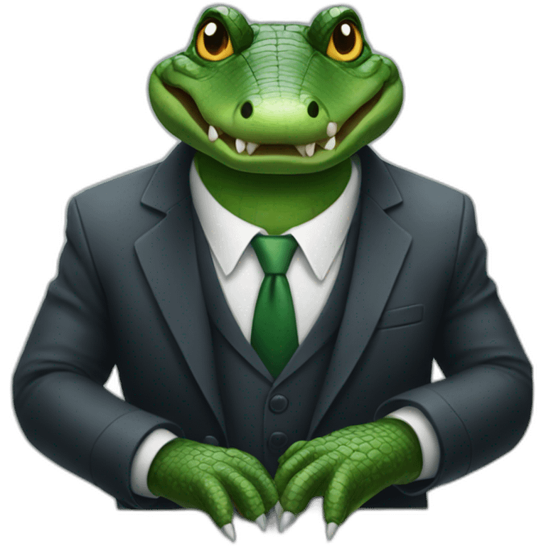 An alligator wearing a suit sitting on a table looking straight emoji