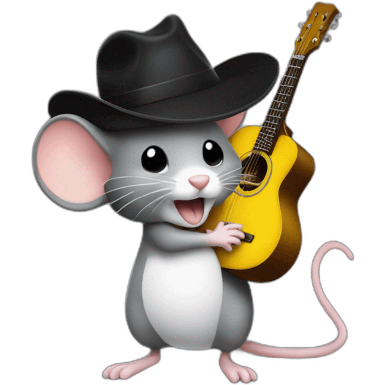 grey jerry mouse with white moustache, big black hat, and yellow guitar emoji