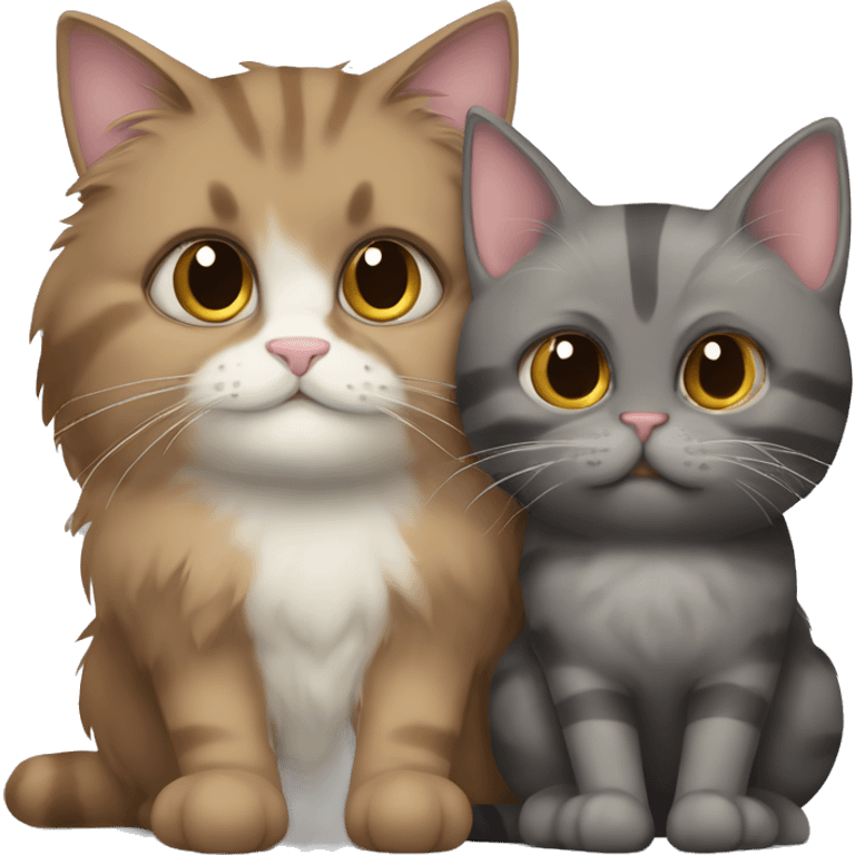 A gray fluffy cat hugs a striped lop-eared brown cat. The brown cat is unhappy emoji