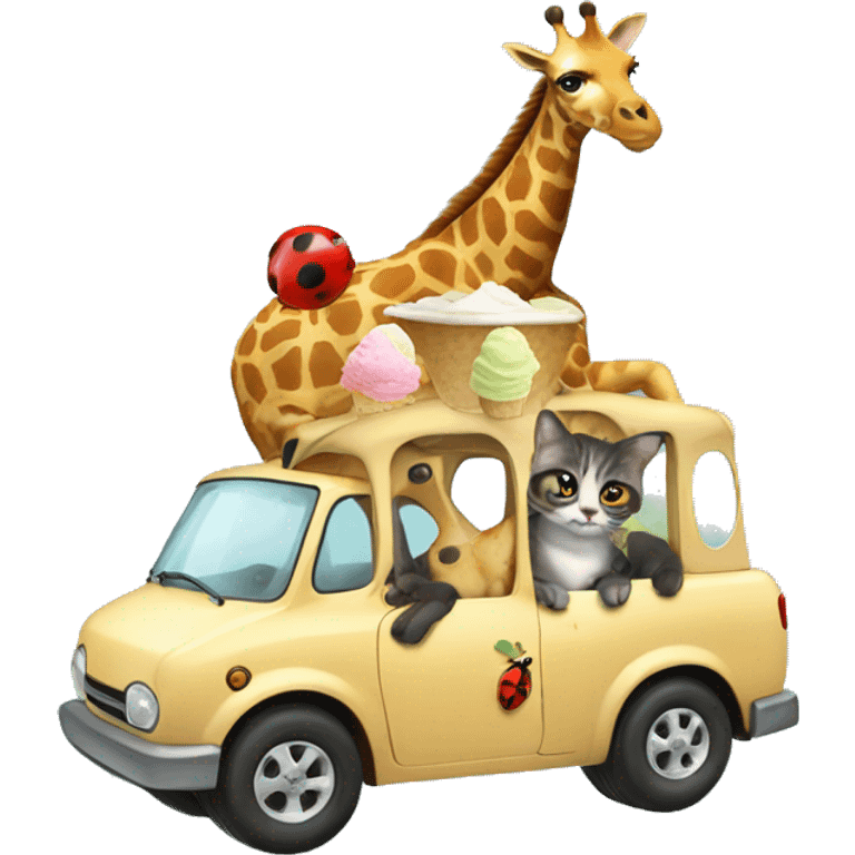 a cat riding a giraffe eating ice cream with a ladybug on top of the cat  emoji