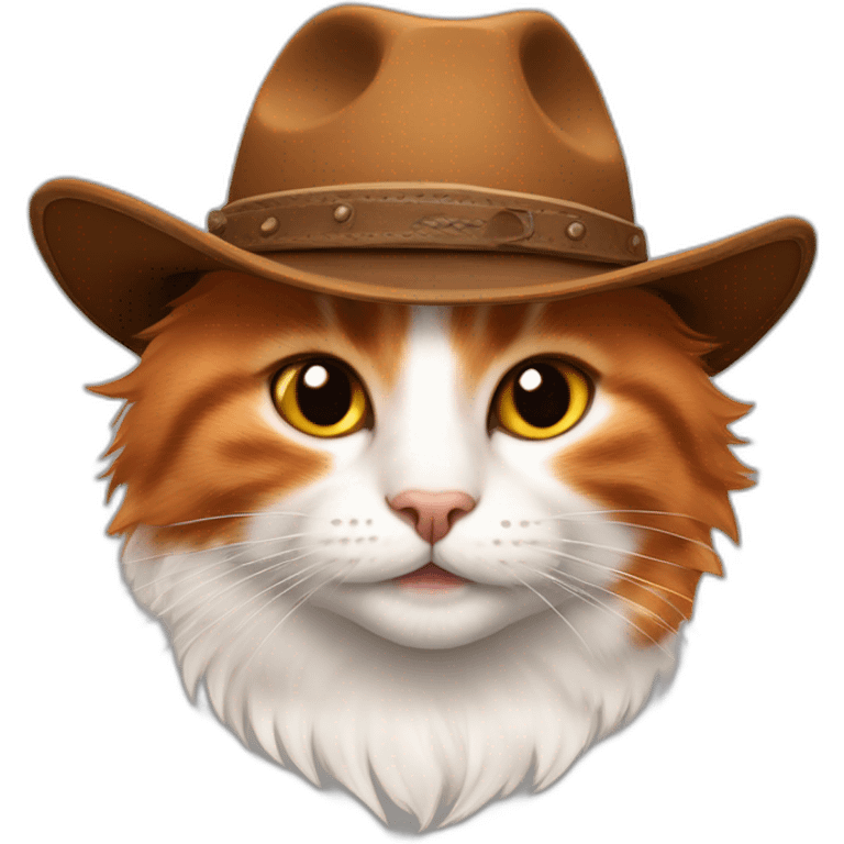 pure orange smiling hairy japanese bobtail cat while wearing a brown cowboy hat with the ears poking out of the hat emoji