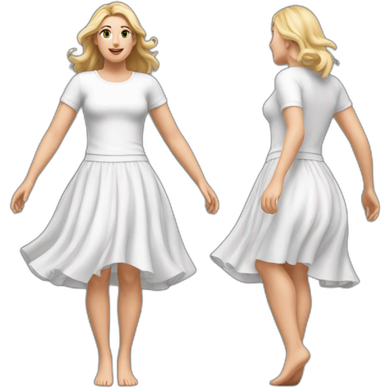 Hyperrealistic Full body Caucasian curvy beauty jumping white skirt back and front views strong wind emoji