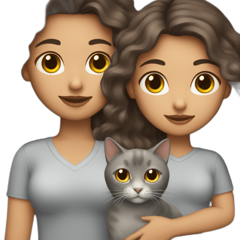 A wite skin woman with long wavy dark brown hair holding a grey cat emoji