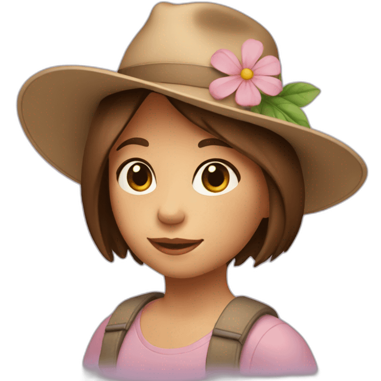 Girl with brown straight hair wearing a hat and a flower in her hand emoji