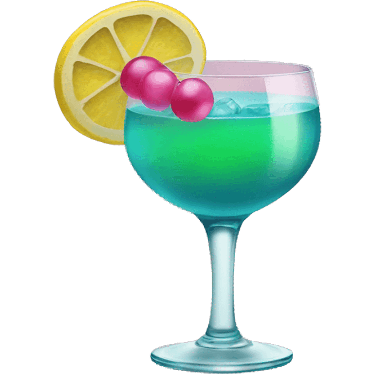 Bluish green cocktail with pink and yellow emoji