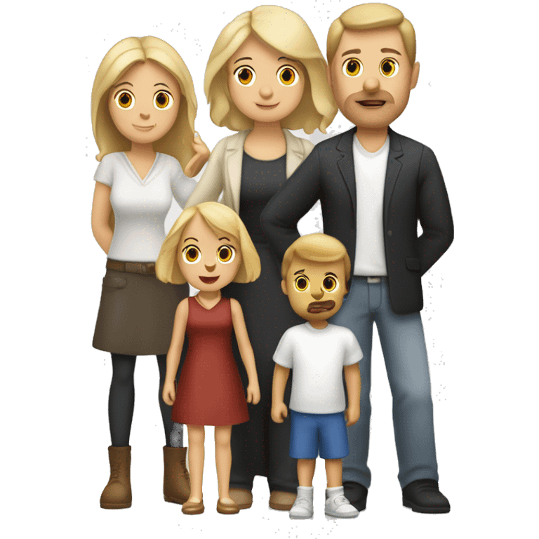 Une famille avec un homme blanc aux cheveux marron fonce une femme blanche au cheveux blonds un petit garçon blanc au cheveux blond et un beagle emoji