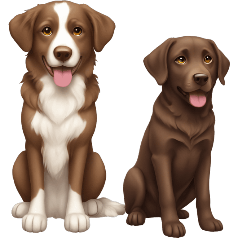 a full body, sitting chocolate labrador, and a sitting tan, cream, white Australian Shepard emoji