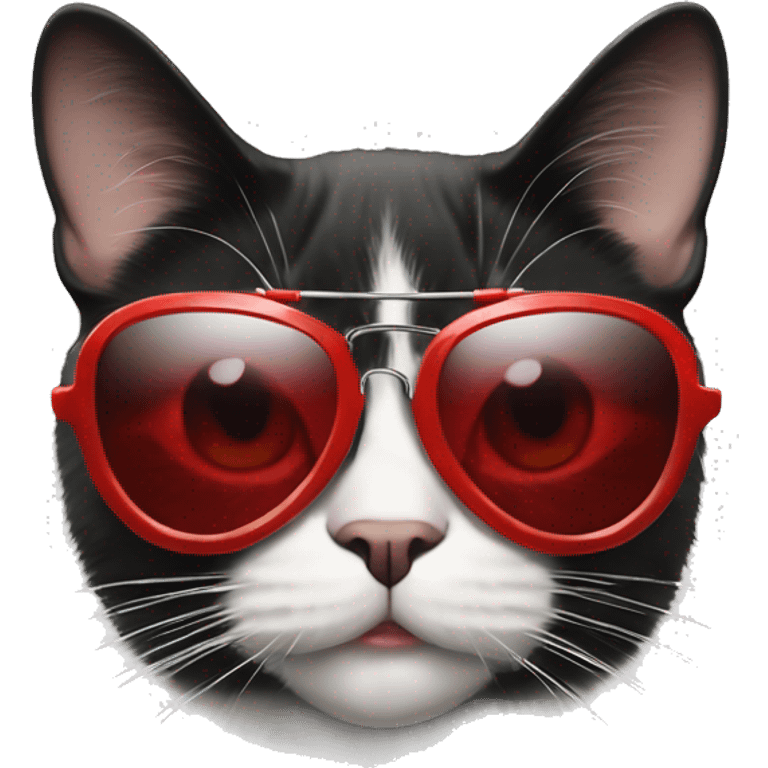 Face of a tuxedo cat wearing red aviator sunglasses with their eyes peeking over the top and a sarcastic way emoji