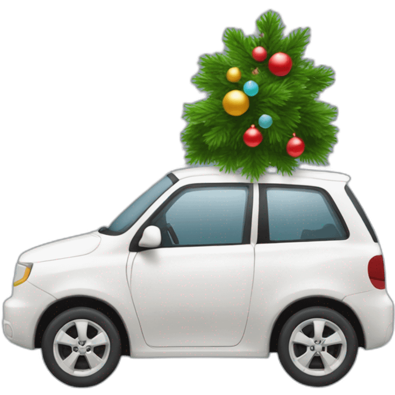 un emoji avec un sapin de noel et au pied un cadeau avec une voiture hybride emoji