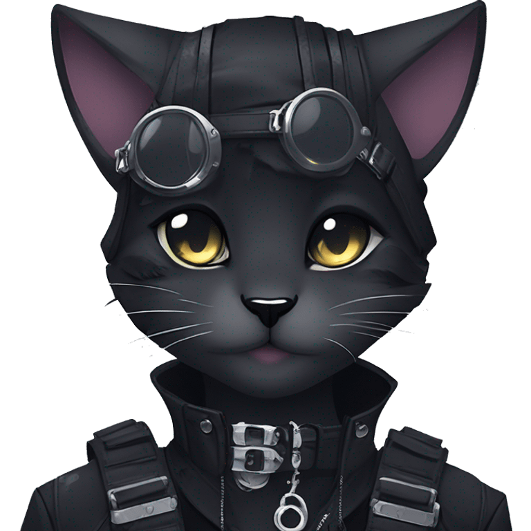 Gorgeous gothic dark techwear cyberpunk anime style anthro cat with blushing face aesthetic and pretty edgy black with collar and harness trending style emoji