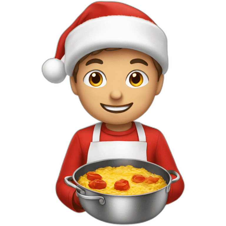 young boy santa red costume cooking dinner emoji