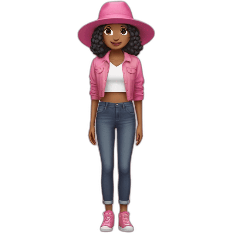 Uma menina Boiadeira com chapéu de boiadeira com roupa rosa e cabelos longos e pretos emoji