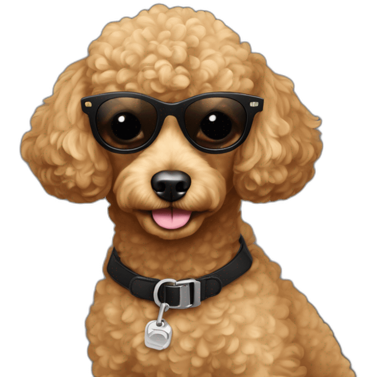 The muzzle of the little toy poodle is carmel-colored in black sunglasses , name Valli on the neck emoji