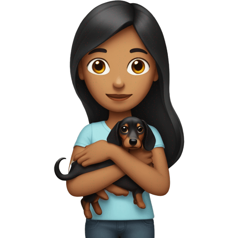 a girl with long dark hair and a dachshund in her hands emoji