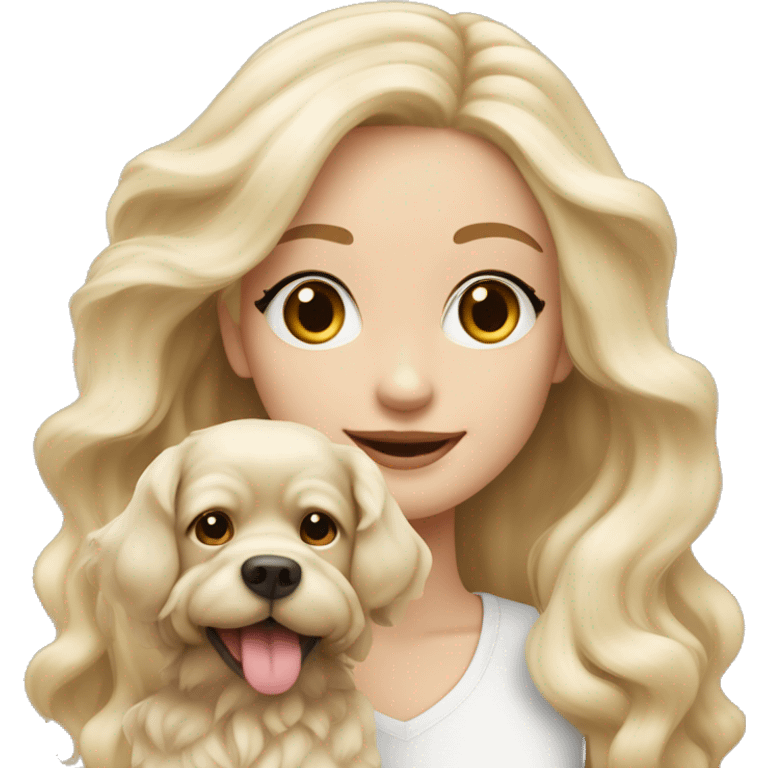 White blonde long wavy hair girl holding a cute multipu dog with short ears wavy beige fur emoji