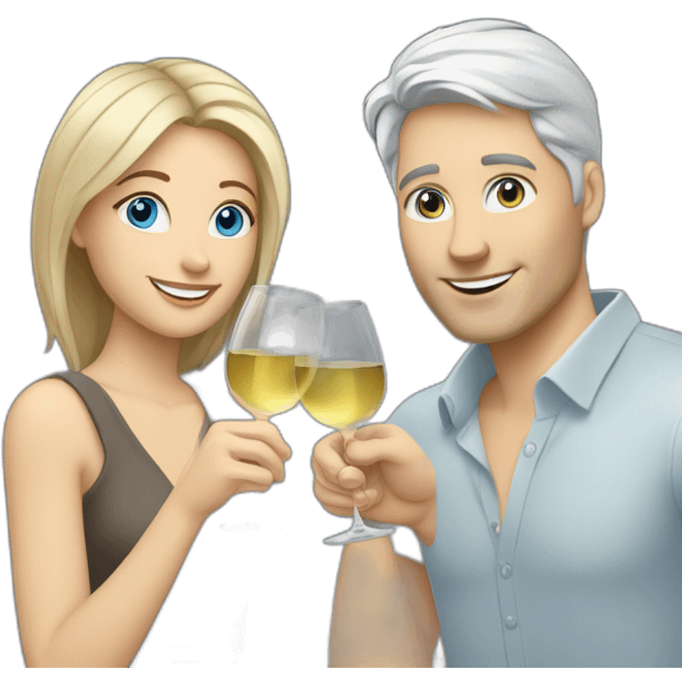 A white woman with brown eyes and blond medium long hair and a white man with blue eyes and grey hair, they toast to each other with a glass of white wine. emoji