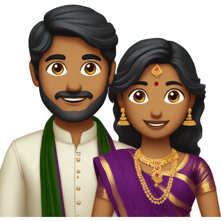 south indian girl with hair wearing dark green saree marrying south indian guy with straight hair and wearing dhoti in purple emoji