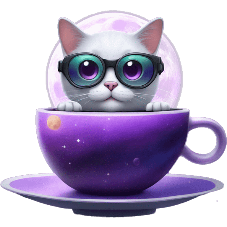 Cute purple hoverpetcat in a space ship in the moon with a cup of coffe on cool glasses emoji