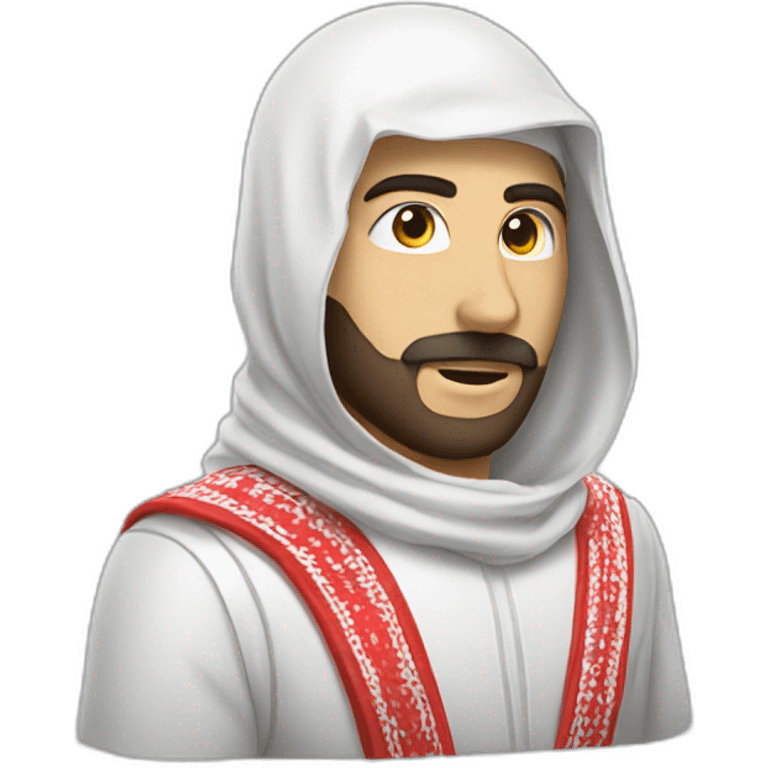 man masked using the red and white the Arabic shemagh and wearing military clothing emoji