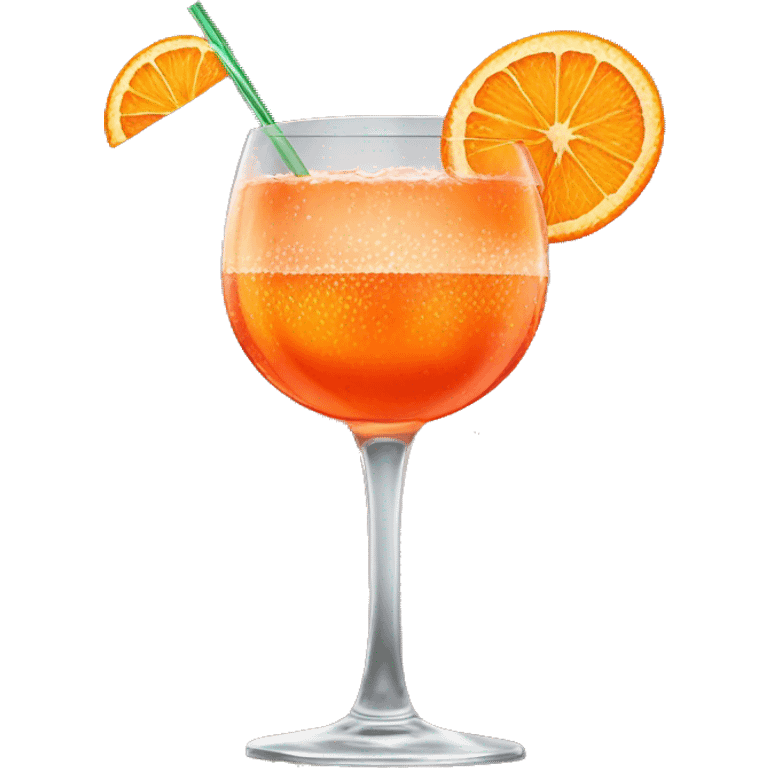 A whine glass which contains a kinda orange looking fizzy cocktail with an slice orange stuck ontop it’s called aperol spritz emoji