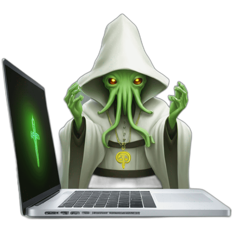 cthulhu priest praying over macbook laptop emoji