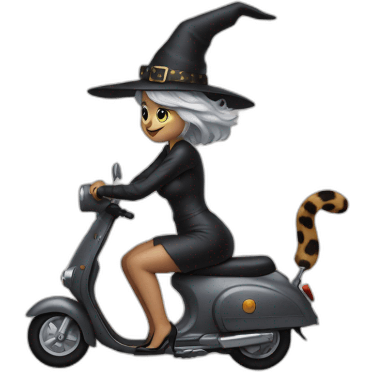 sexy gray-haired witch on a scooter painted like a leopard emoji