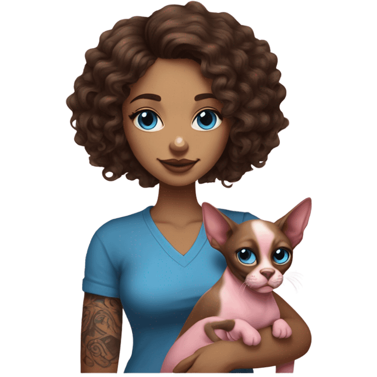 Beautiful tattooed curly dark brown haired woman holding a boxer dog and  pink sphinx cat with blue eyes emoji