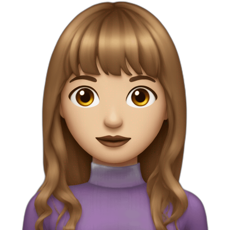 long brown hair skinny girl with curtain bangs, thin face and makeup from head to chest emoji